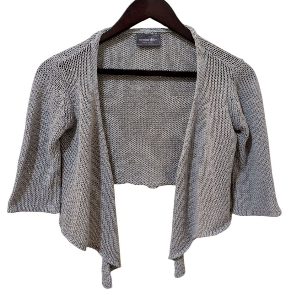 Wooden Ships Cotton Blend Open-Knit Cropped Cardigan Sweater 3/4 Sleeve Gray X/S